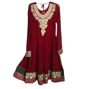 Asian, Pakistani Deep Red Sheer Lined Festive Embroidered Ornate Wedding Dress L